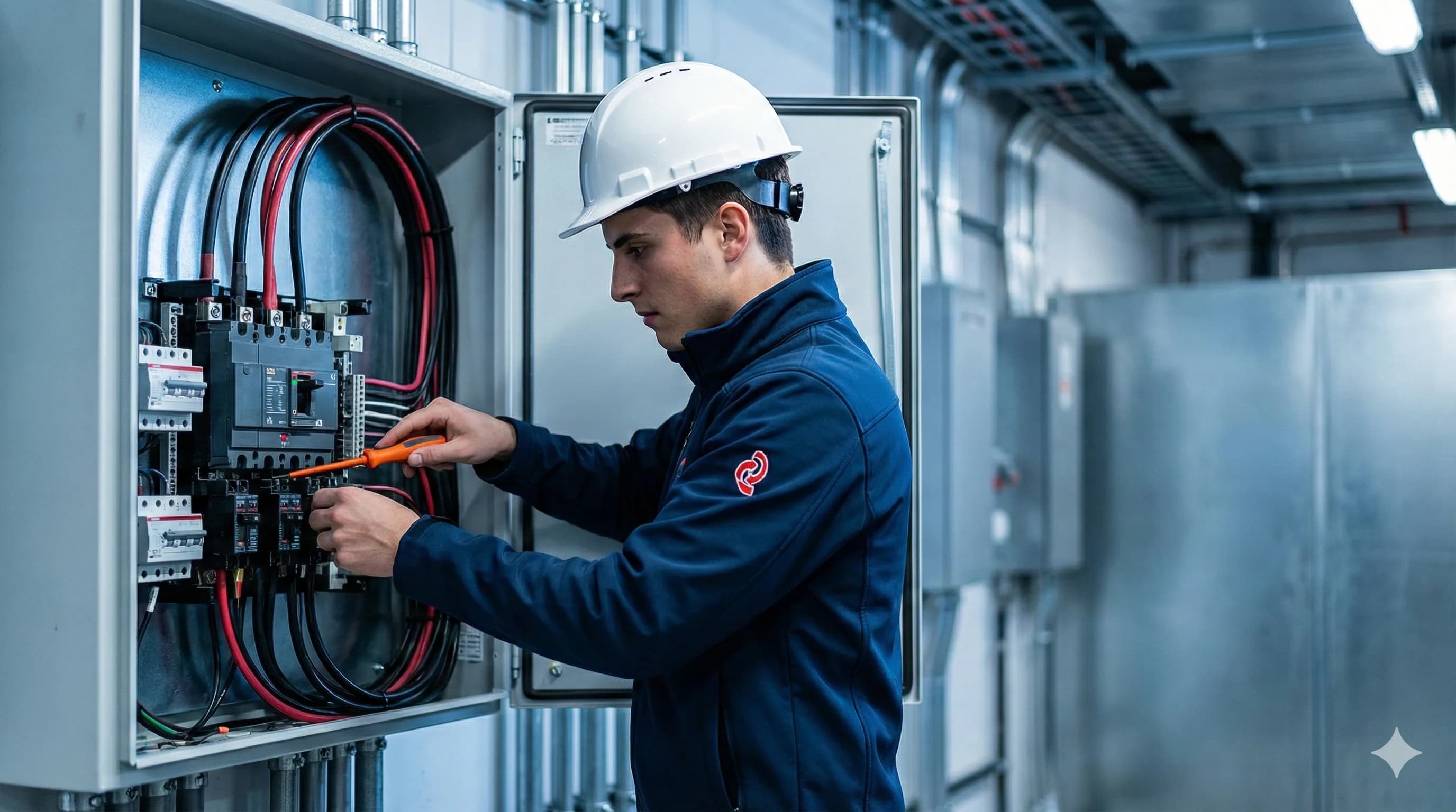 Electricista profesional trabajando en tablero eléctrico en Tepic